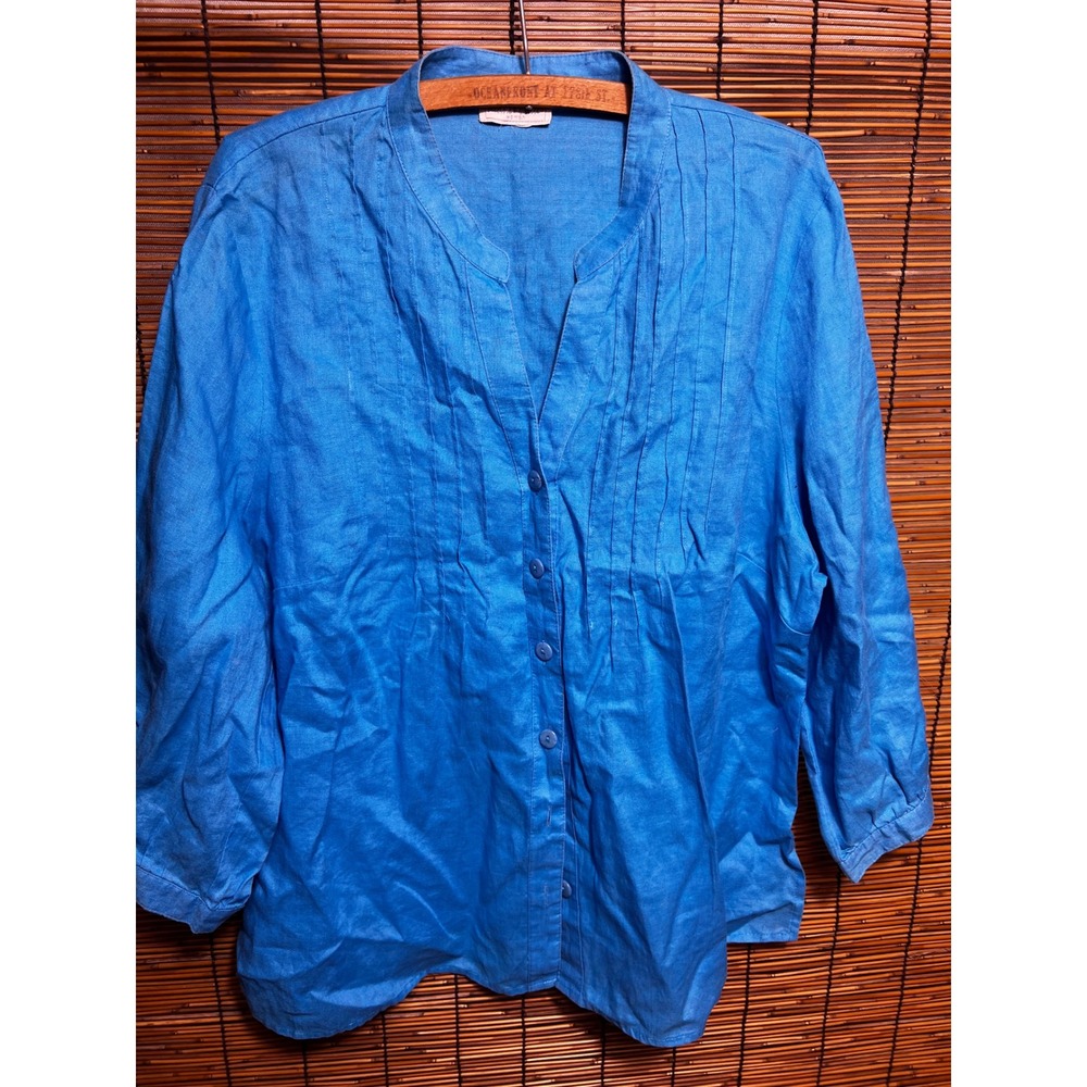 Deane & White Woman Blue Linen Blend Pintuck Button Down Shirt 3/4 Sleeve Plus